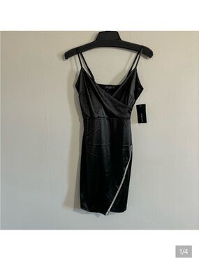 La Hearts Black Satin Mini Dress with Rhinestone Accent